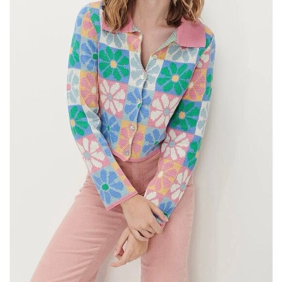 Ghanda Joy Cardi Sweater Small Women’s Milkshake Joy Checker Floral - Picture 1 of 6